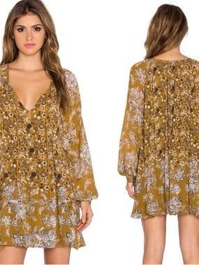 Free People Mustard Floral Boho V-Neck Mini Dress
